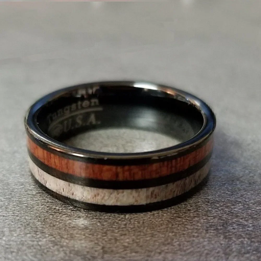 Men's Real Tungsten Wedding Ring With Deer Bone and Whiskey Barrel Wood Inlays